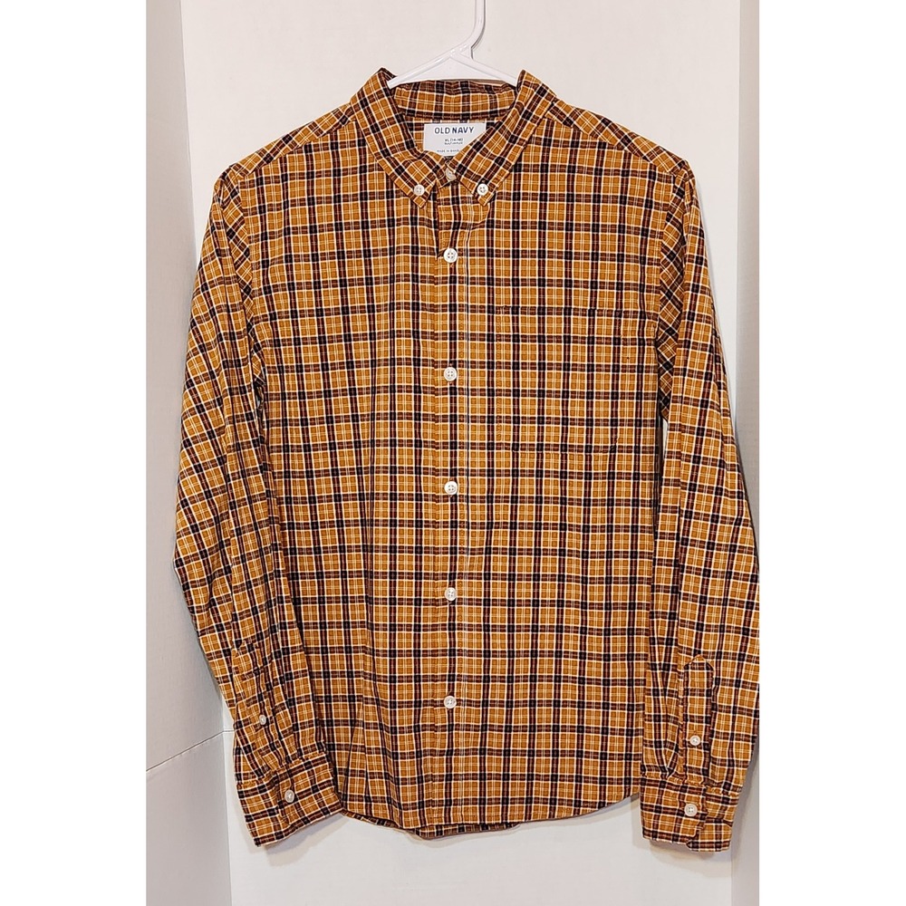 Old Navy Kids XL‎ 14-16 Mustard Yellow Plaid Built-In Flex Button Down Shirt NEW